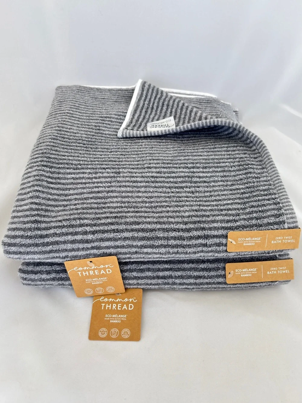 NWT 2Pc Common Thread Bamboo Eco-Melange Charcoal Grey Striped Bath Towels